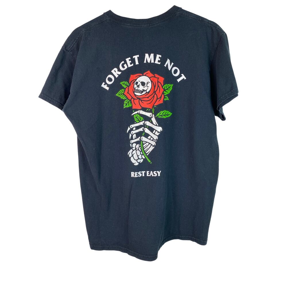 Rest Easy Men's L Black Rose Skeleton "Forget Me Not" T-Shirt *